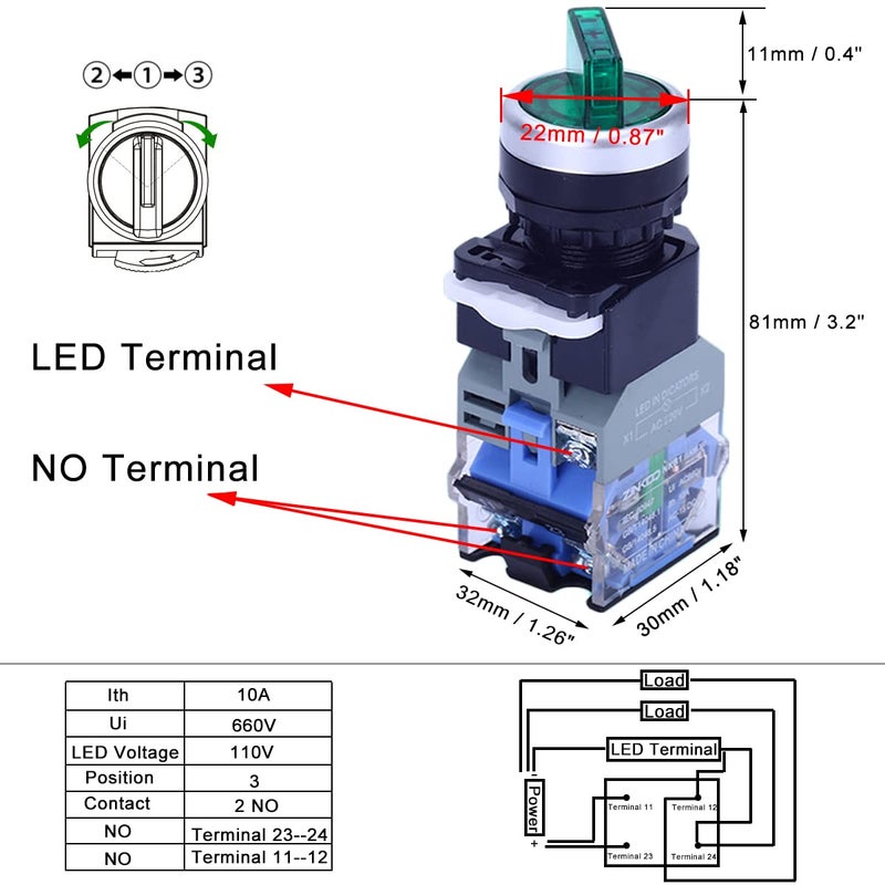 Sinyiol 2Pcs LED Light Latching Rotary Selector Switch with 110V lamp, 22mm 3 Positions,2 NO,Green and Red Maintained Switches,Ith 10A Ui 660V SY-XNKG-dd-01 - Image 2